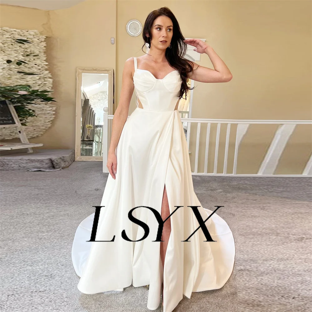 Lsyx Illusion V-Ausschnitt ärmellose Satin A-Linie Brautkleid einfache hohe Seite Schlitz Reiß verschluss zurück Gericht Zug Brautkleid nach Maß