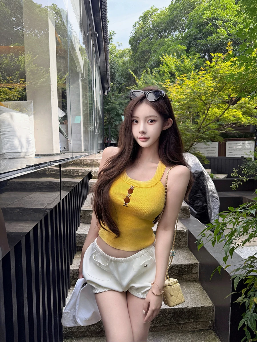 

Yellow Knitted Hollow out Vest Top Women's Base Layer irt Sexy Aosphere Orange Soda Expired Pill Commute Sle Summer o...