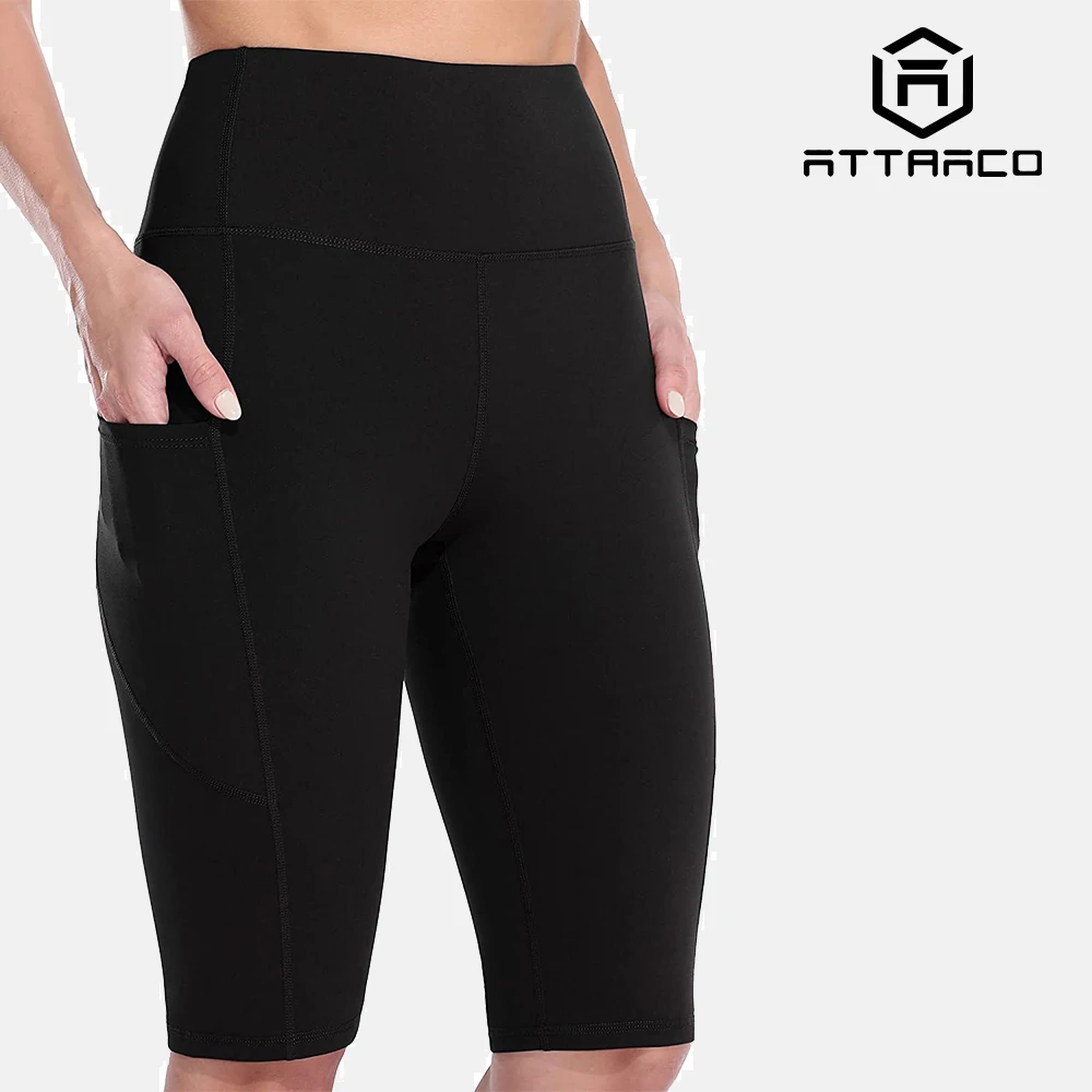 Attraco Women Yoga Shorts Jogging Running Cycling Fitness Solid Elastic High-Waist Fifth-Pants with Pockets Sporty Shorts