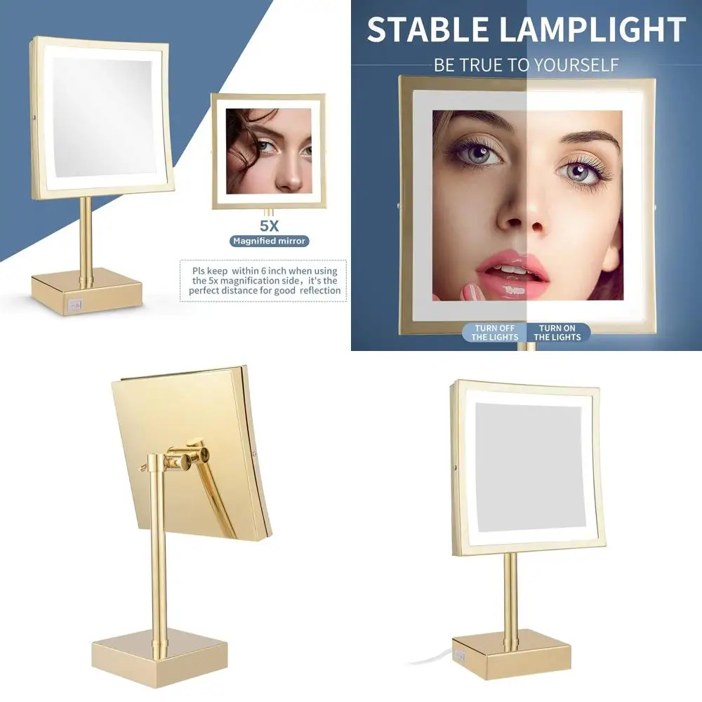 Miroir de maquillage grossissant 5X éclairé par LED carré avec prise, or poli, 8