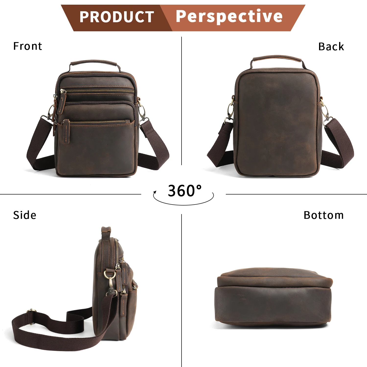 

YATBEST Men's Crossbody Bag Retro Backpack Large Capacity Commuter Multi Pocket Leather Single Shoulder Handbag