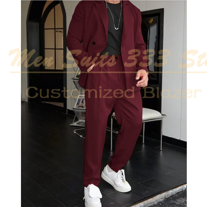 

Мужские костюмы высокого качества, роскошный однотонный свободный пиджак с пиковыми лацканами, формальный комплект из двух предметов, куртка, брюки, полный комплект, костюм Homme
