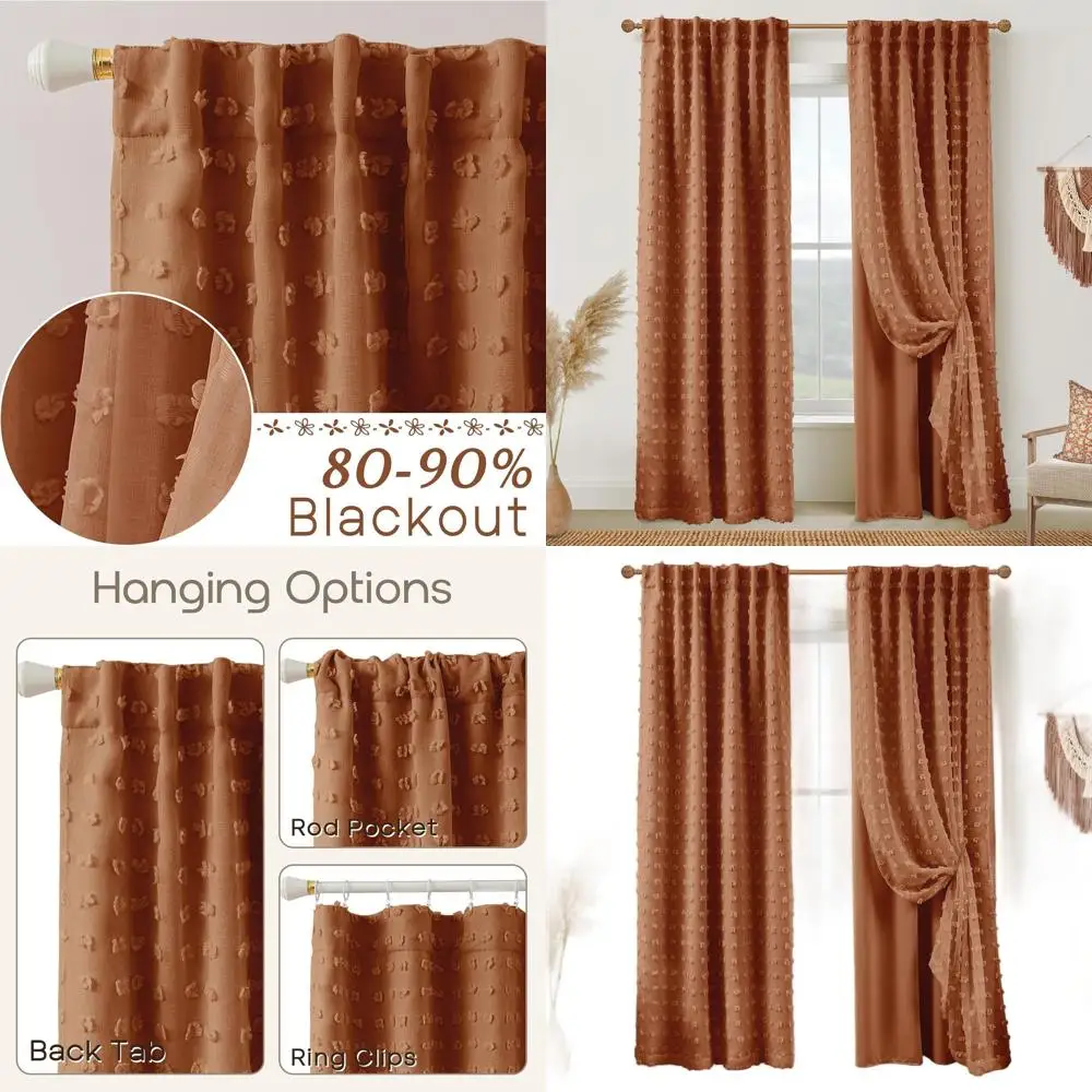 

Vintage Farmhouse Style 84 Double Layer Curtains with Terracotta & Rust Pom Poms