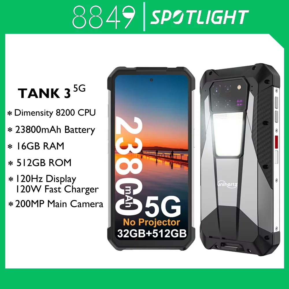 8849 Tank 3 Rugged Smartphone 32GB 512GB 23800mAh 120W Dimensity 8200 5G 200MP 120Hz Outdoor Light Wifi 6 GPS Dual Band