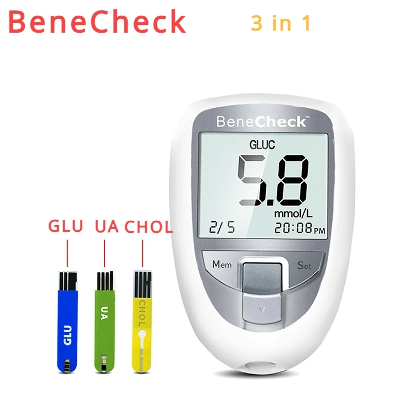 BeneCheck 3in1 kan şekeri ve ürik asit ve kolesterol metre ev glukometre kiti diyabet gut Test cihazı monitör cihazı ve Test şeridi