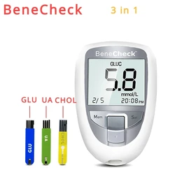 BeneCheck 3in1 kan şekeri ve ürik asit ve kolesterol metre ev glukometre kiti diyabet gut Test cihazı monitör cihazı ve Test şeridi