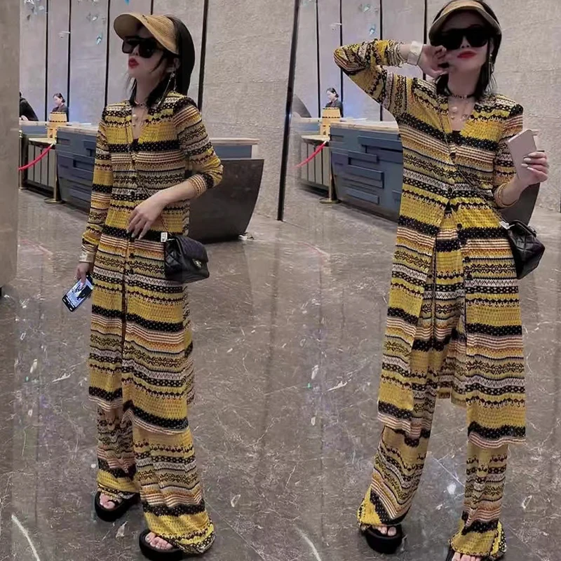 

Summer hot item sun protection niche personality striped top and pants women high end trend lazy style two-piece set