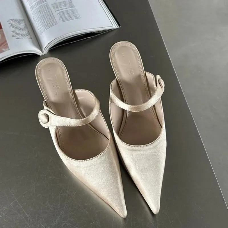 Hot Selling 2025 Satin Button Pointed Toe Pumps Women Slipper Fashion Shallow Thin High Heels Mule Ladies Shoes Zapatos De Mujer