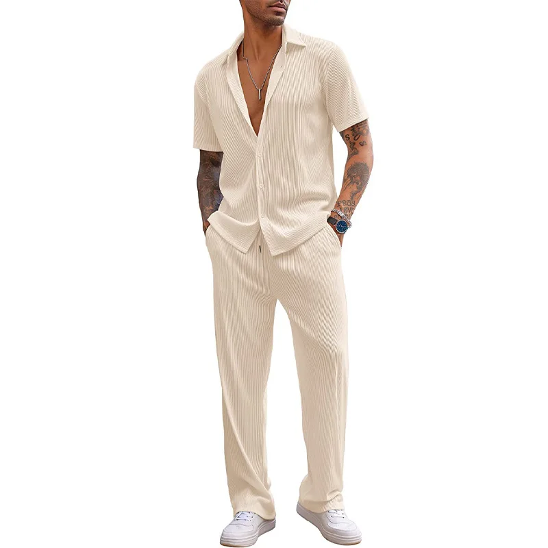 Men\'s 2-piece Casual Short-sleeved Button-up Shirt Beach Summer Loose Pants Suit