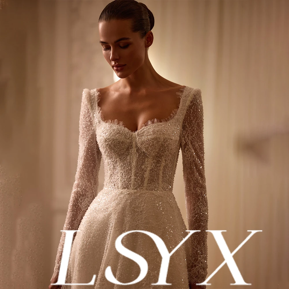 Lsyx personnalisé col carré robe de mariée dentelle manches longues paillettes embelli Corset robe de bal dos ouvert tenue de mariée élégante