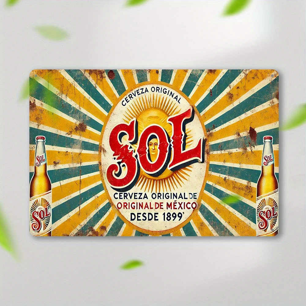 Vintage Sol Beer Metal Wall Sign - Mexican Brewery Retro Iron Decor with Vibrant Sunburst Colors,  Outdoor/Indoor Farmhouse Po