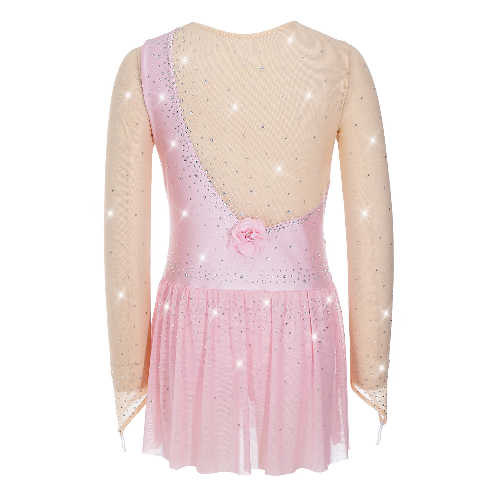 Mädchen Glänzendes Strass-Gymnastik-Ballett-Lyrical-Tanz-Auftrittskostüm Langarm 3D-Blumen Eiskunstlauf-Netzkleid – Detail 18