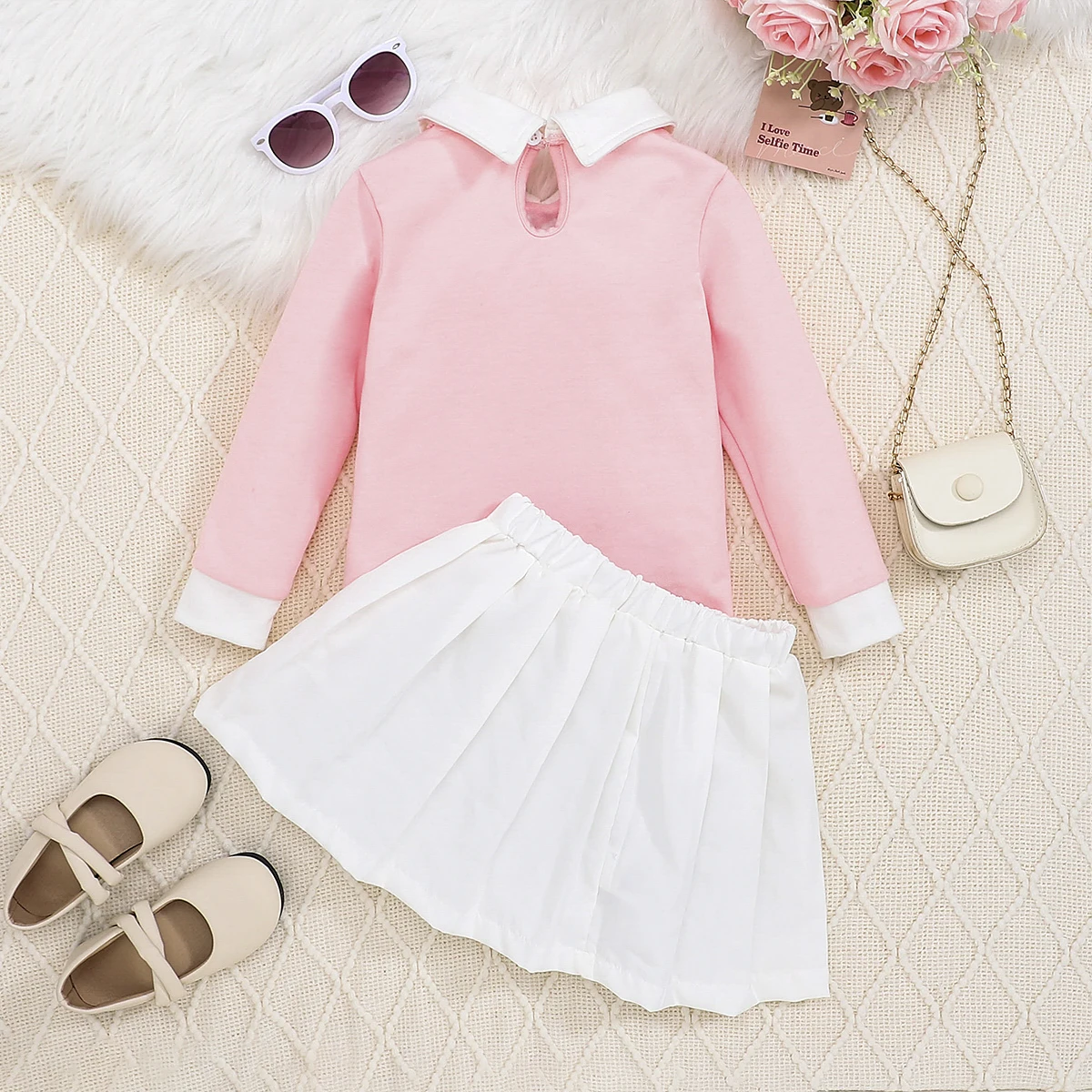 Girls Princess Dress Color Block Collar Letter Print Long Sleeve Doll Collar Gored Skirt Pink White Contrast Baby Girl's Dress