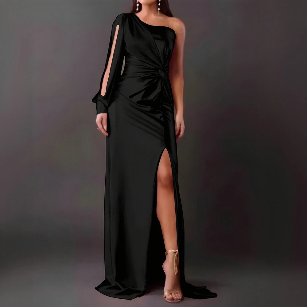 فستان نسائي أنيق بكتف واحد وأكمام طويلة للخريف ثنيات عالية الشق ميدي أساسيات عادية