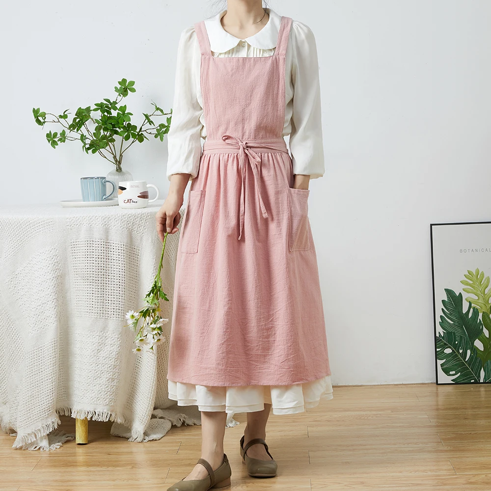 Kurze nordische Wind Falten rock Baumwolle Leinen Schürze Frauen Mädchen Vintage Schürze Gartenarbeit Cross Back Träger Kleid – Detail 4