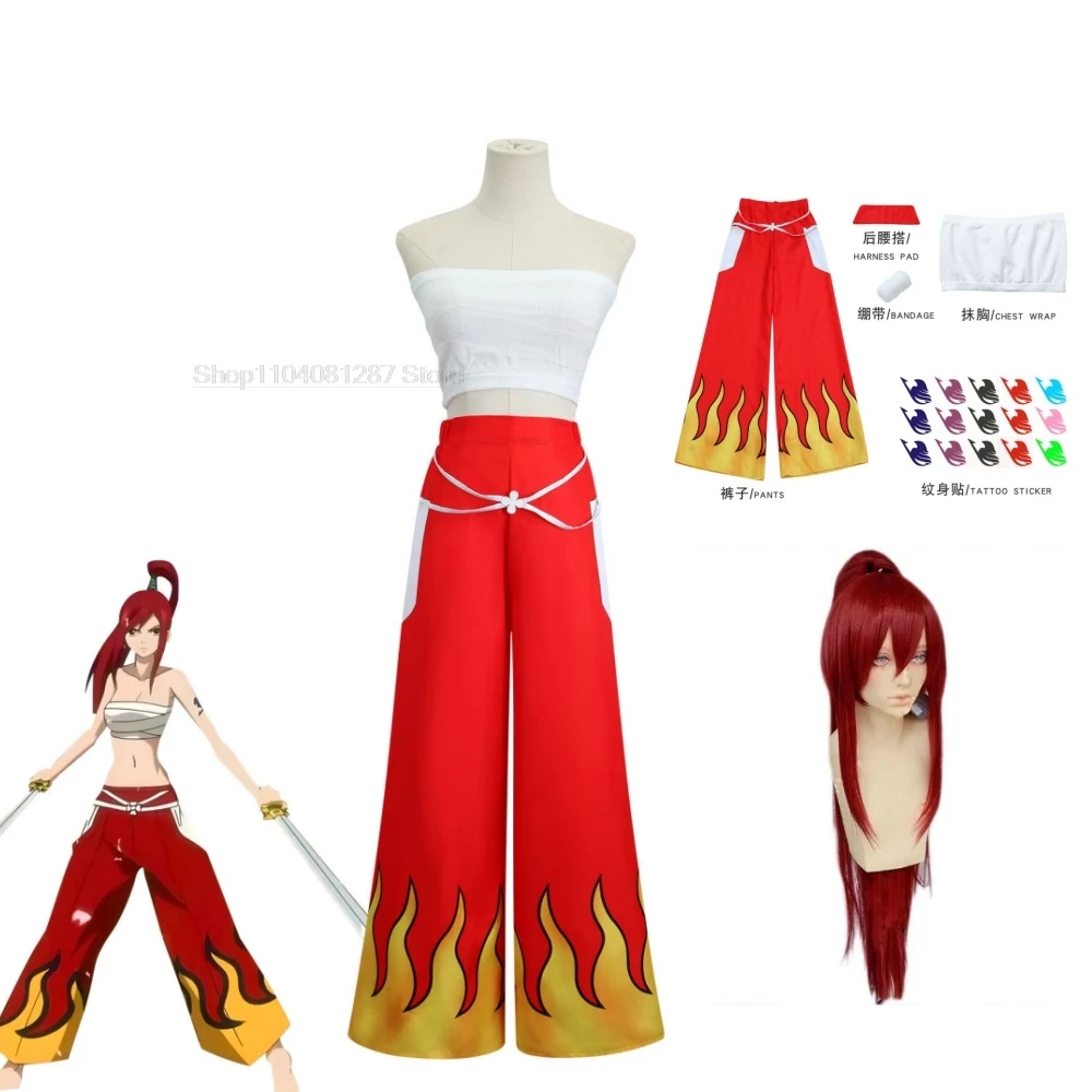 Anime Cosplay Women Japanese Anime Role Erza Scarlet Costume Pants White Tube Tops Red Cool Set Dark Blue Tail Tattoo Sticker