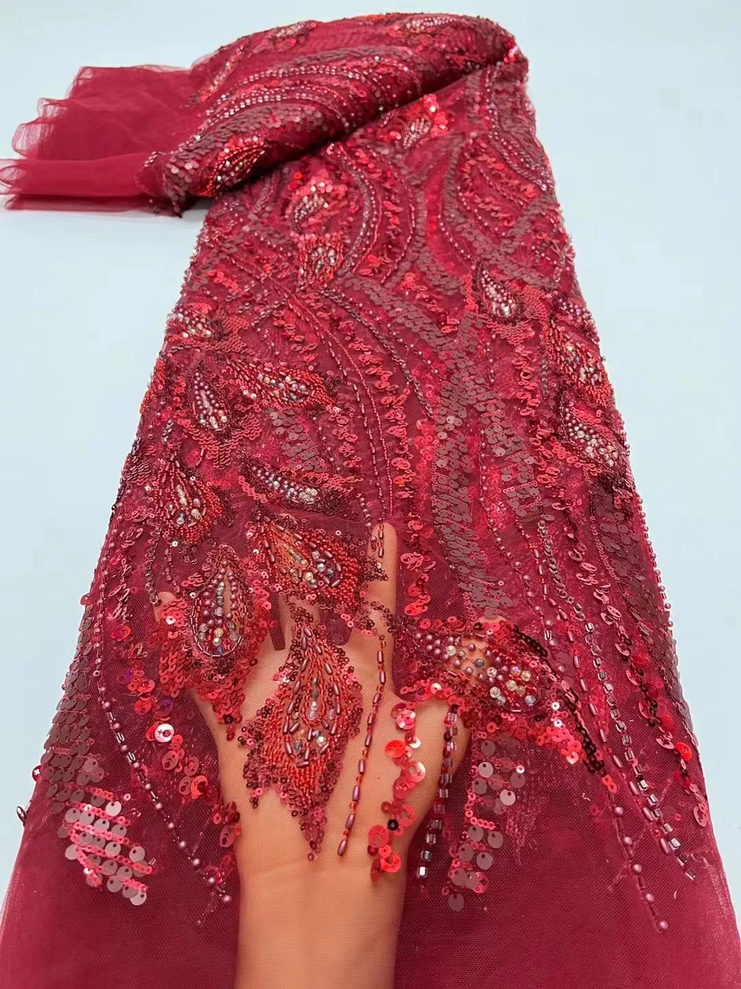 

Red 5 Yards Luxury High-end Beaded Fabric Heavy Beads Embroidery Fabric Fashion French Tulle Sequin Lace Fabric for Wedding