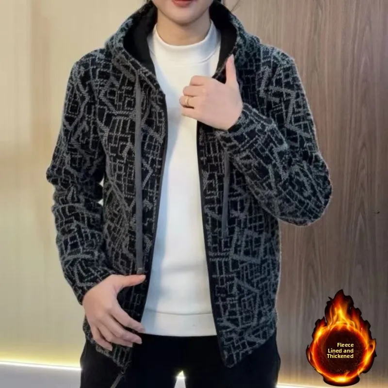 

Новинка 2025, мужская толстовка с капюшоном Thiened Fce, открытый кардиган, теплая осенне-зимняя одежда большого размера, длинный свек