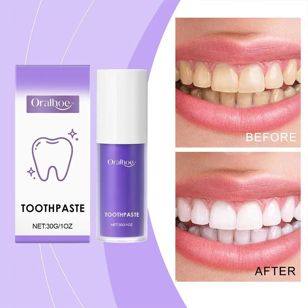

Purple Whitening Toothpaste Removal Plaque Stain Tartar Reduce Cavity Caries Yellowing Teeth Fresh Breath Oral Enamel Clean Care