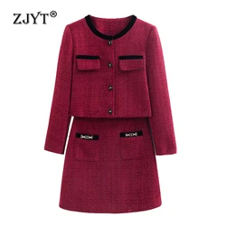 ZJYT Autumn Winter Elegant Women Tweed Woolen Jacket and Short Skirt Suit Two Piece Set Outfit Vintage Party Dress Sets Red