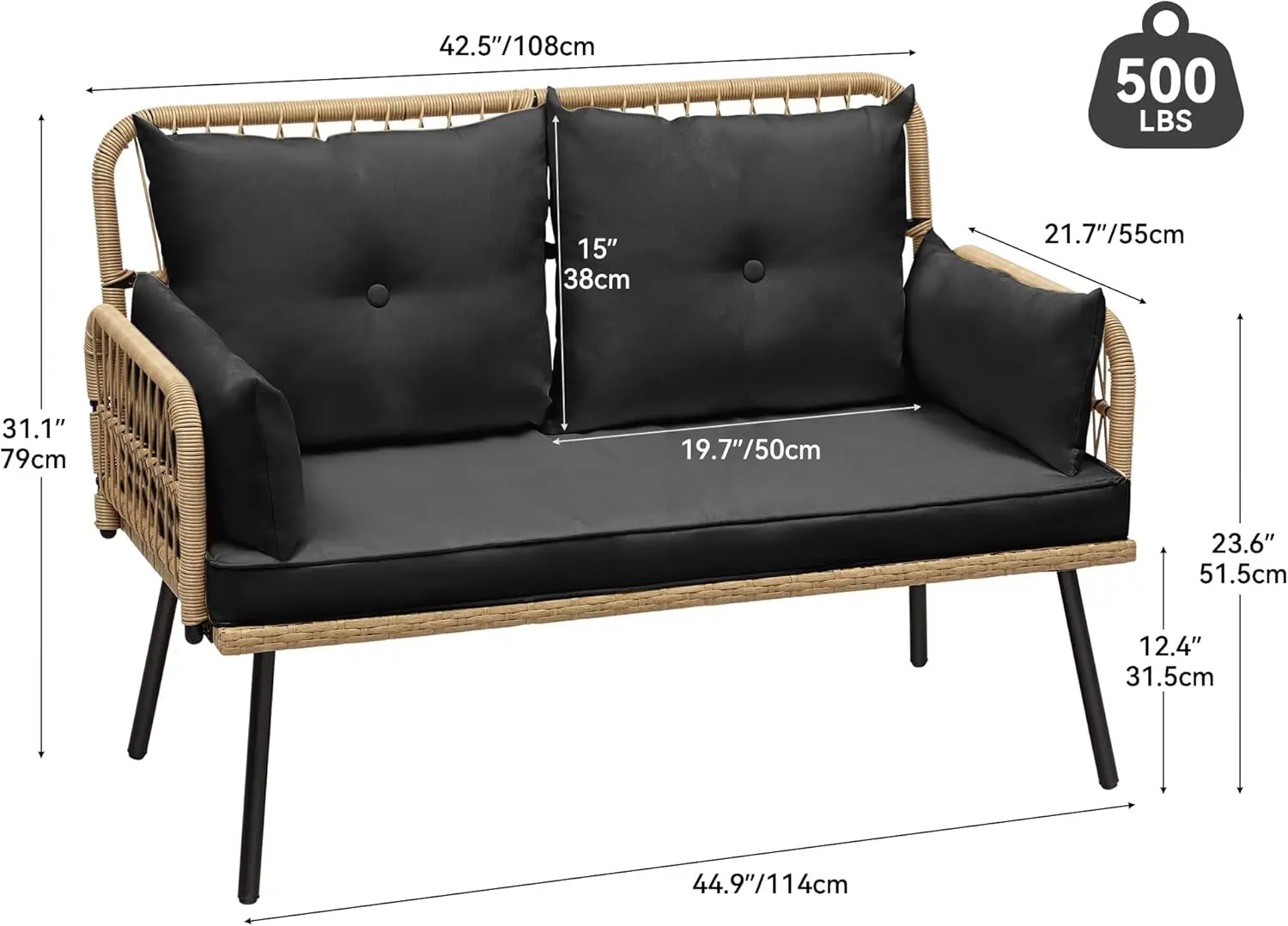 Patio Furniture Wicker Outdoor Loveseat, All-Weather Rattan Conversation for Backyard, Balcony and Deck with Soft Cushi