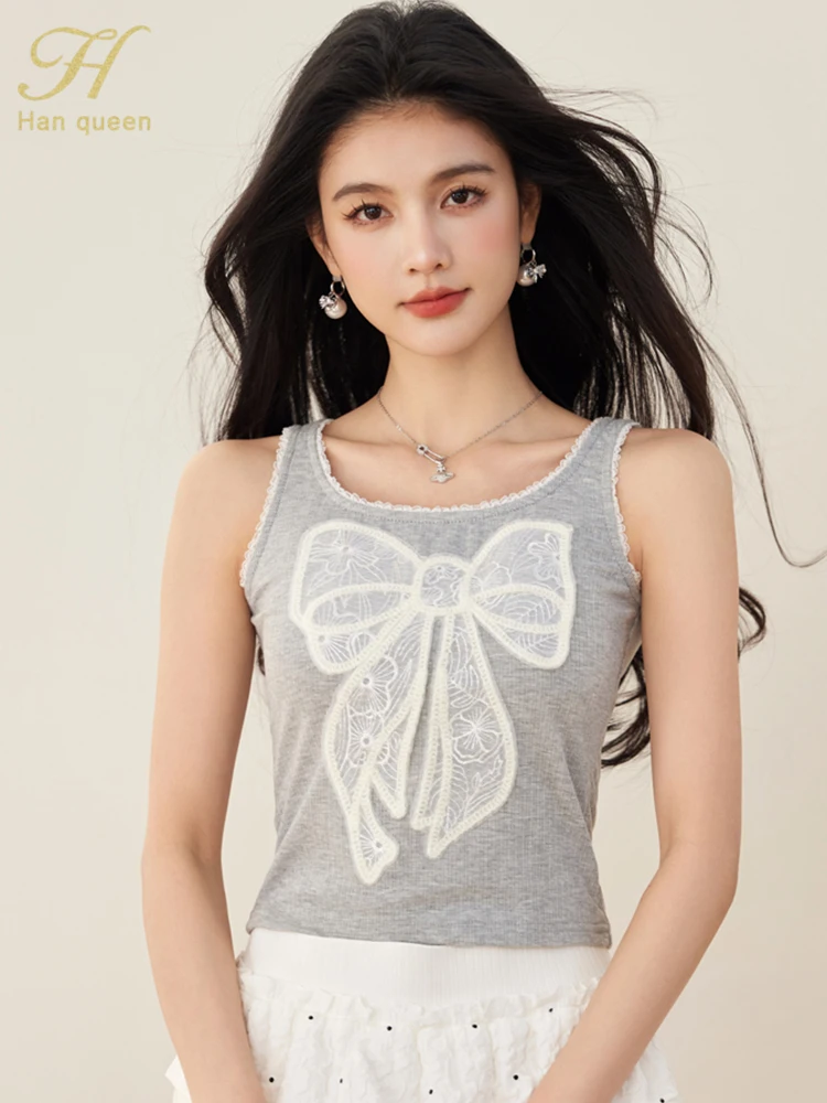 

H Han Queen 2024 Summer Clothes Elegant Tank Top Bow Tie Sticker Chic Korean Women Tees Simple Basics Casual Vintage T-Shirts