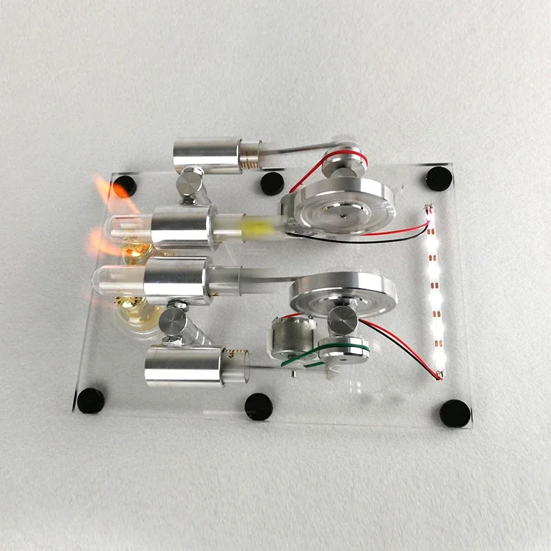 Modelo de motor Stirling, motor de doble cilindro de metal de alta potencia con generador LED, experimento científico