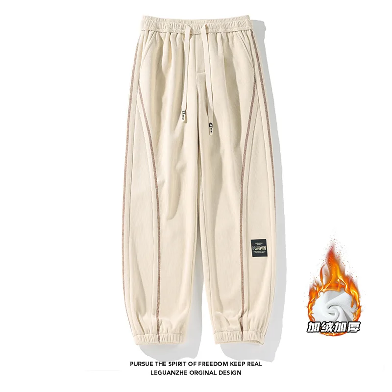 

【Mirrordust】2025Зимние вельветовые спортивные штаны больших размеров на флисовой подкладке с этикеткой, теплые эластичные повседневные длинные брюки в японском стиле M-5X