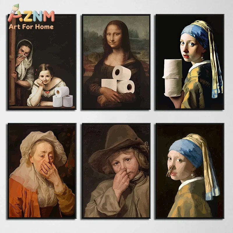 Funny Bathroom Toilet Decoration Painting Mona Lisa Wearing Pearls Girl with Roll Paper Canvas Prints Posters Home Wall Decor