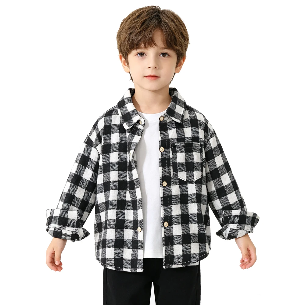 Boys Long Sleeve Plaid Winter Thick Shirt Kids Lapel Button‑Up Casual Shirts Children Loose Fit Blouse For 3‑12 Years Old