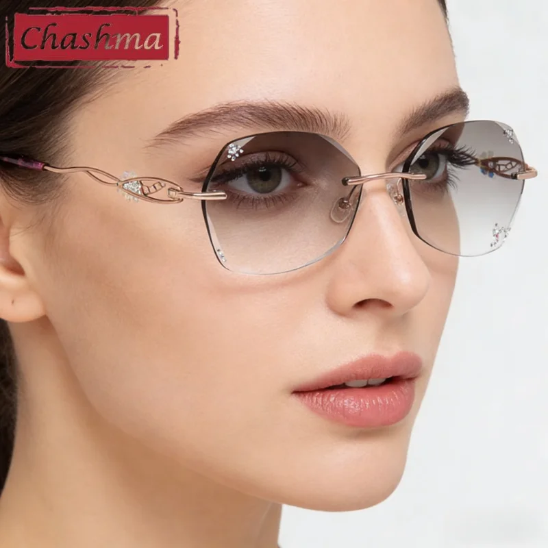 

Очки Chashma по рецепту, женские модные титановые безободковые очки с бриллиантовой отделкой, оправы для очков, женские очки для близорукости с тонированными линзами