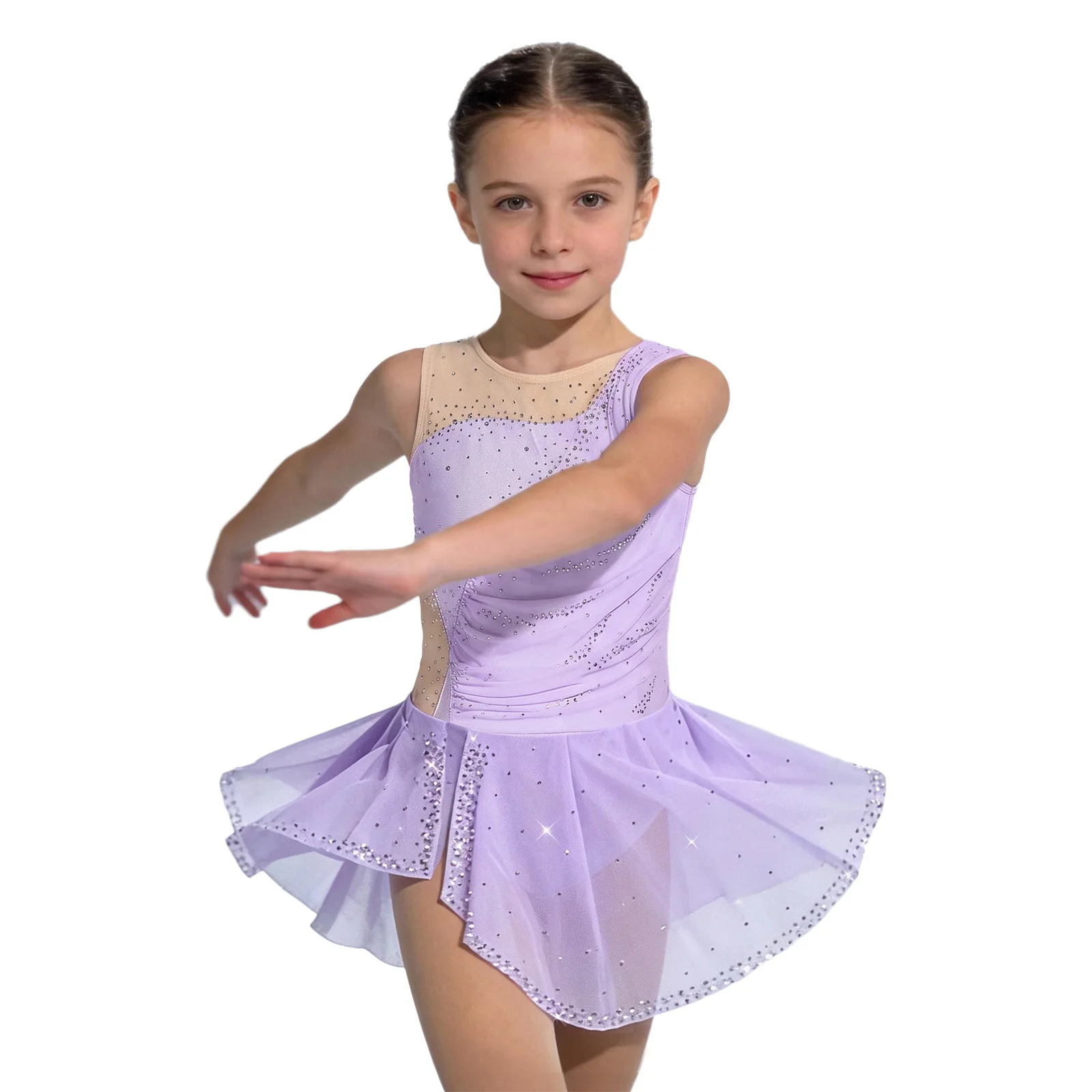 Kinder Mädchen Gymnastik Eiskunstlauf Ballett Tanzkostüm Funkelnde Strasssteine Gerafftes Netzkleid mit Seitenschlitz und Eingebautem Slip – Detail 3