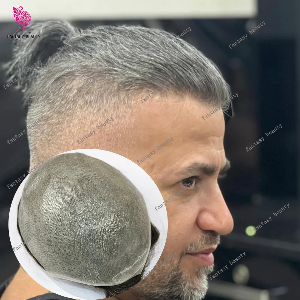 

80Density Super Natural Hairline 0.02mm Ultra Thin Skin Undetectable Vloop Men Toupee 1b65 520# Black Grey Human Hair Prosthesis