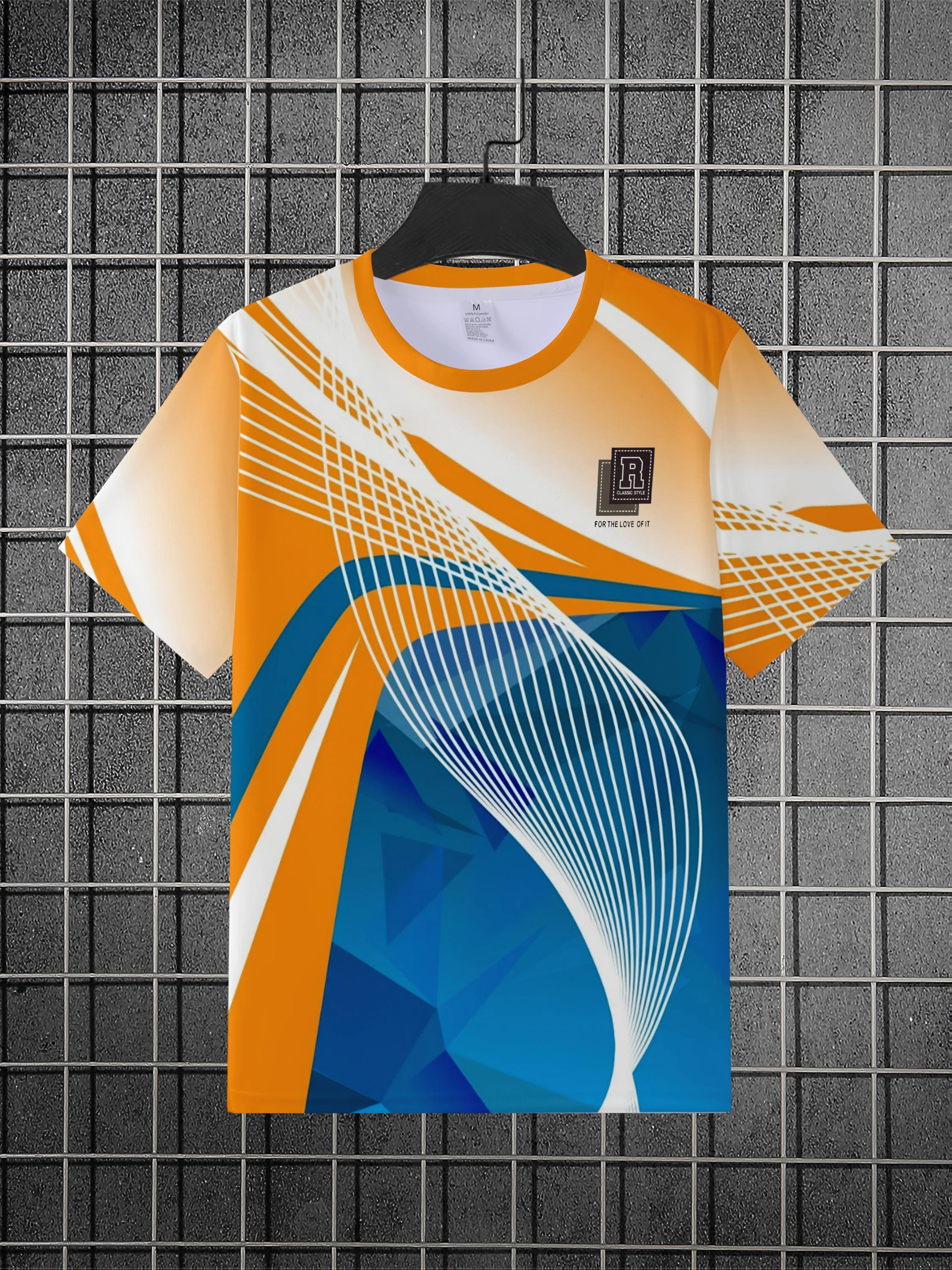 Men's gradient sports T-shirt, dynamic curve print short-sleeved sports T-shirt, quick-drying casual training wear