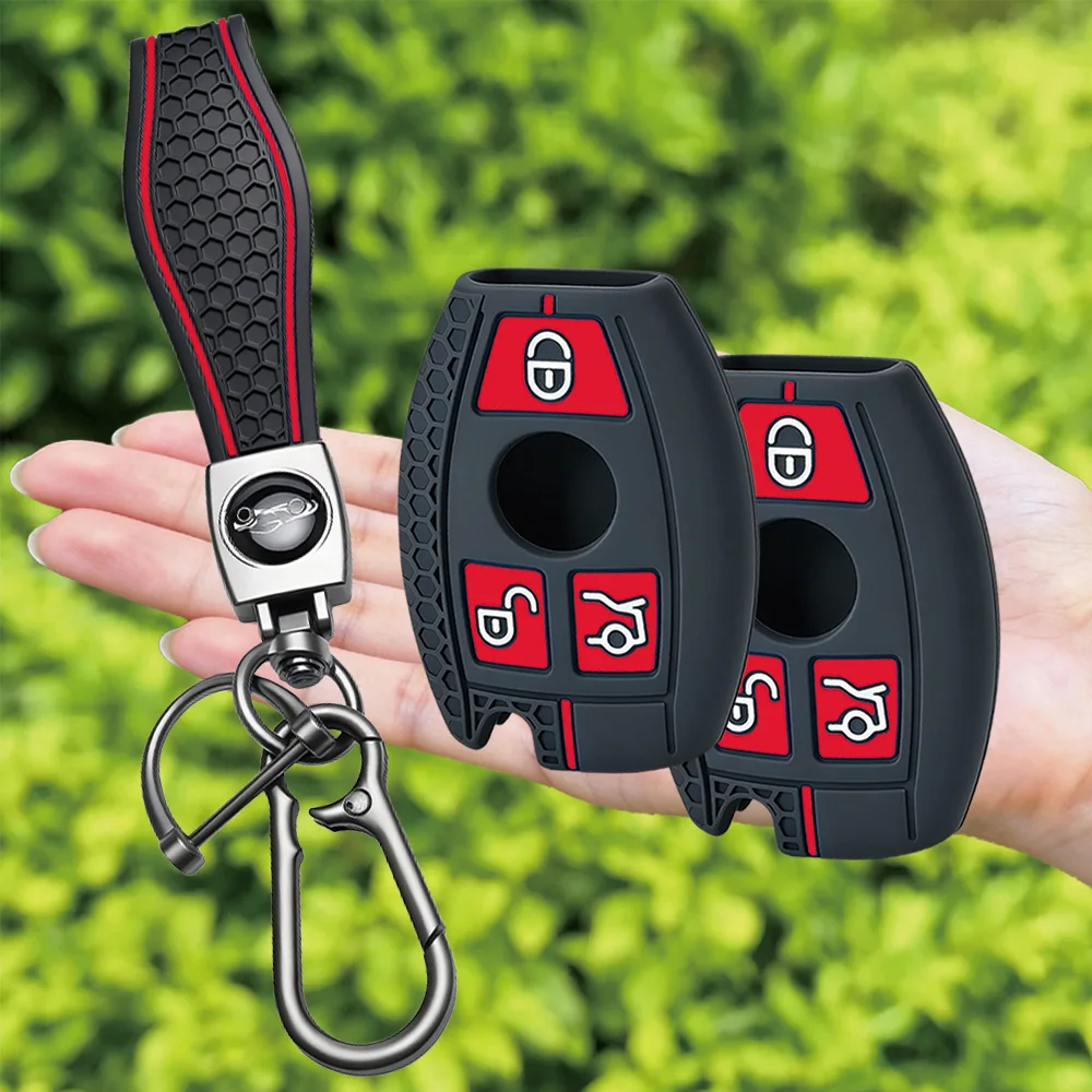 For Mercedes-Benz A-Class C-Class E-Class S-Class GLC GLE Silicone Remote Key Case Chrome With Wrist Strap And Carabiner