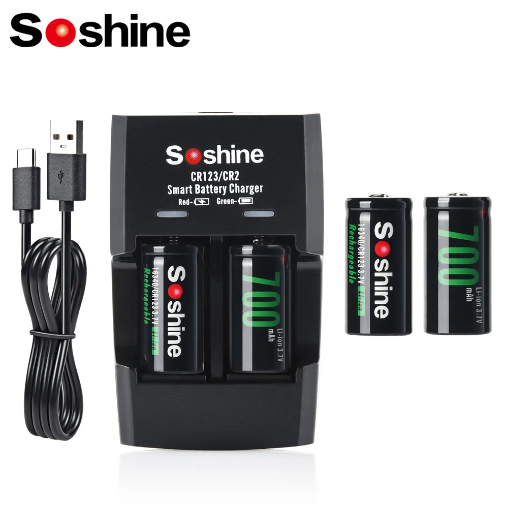 Soshine RCR123 16340 700mAh Rechargeable Battery 3.7V 700mAh Smart Lithium Batteries Charger Li-Ion Battery 500 Discharge Cycle