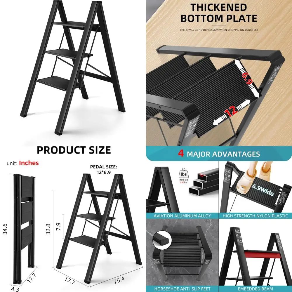 

Upgraded Non-Slip Folding Ladder Stool - Portable Lightweight 3-Step Ladder for Home Kitchen Use, Holds Up to 330 lbs