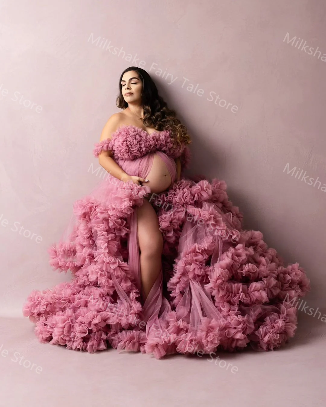 Abiti premaman rosa gonfi per la fotografia con spalle scoperte e volant a strati Abiti da gravidanza per donna Abiti da baby shower personalizzati sexy