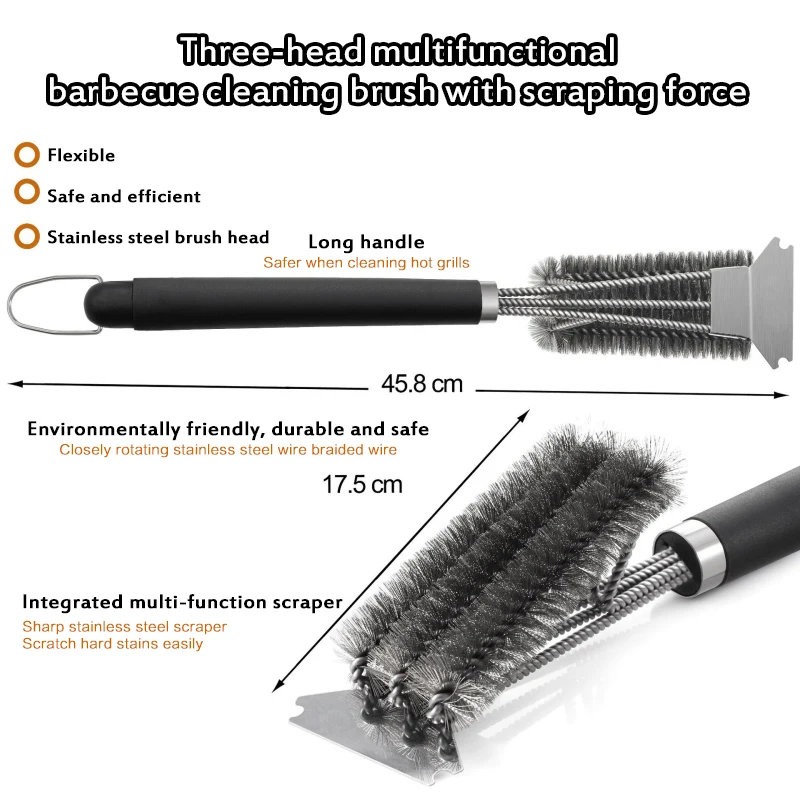 Grill Cleaning Brush BBQ Tool Grill Brush 3 Stainless Steel Brushes In 1 Cleanin Bbq Accessories Best Cleaner Barbecue