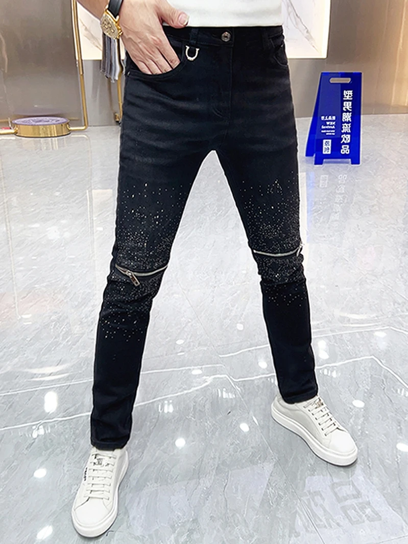 

Trendy Men's Zipper Denim Jeans Spring Autumn Fashion Diamond Embellished Slim Fit High Elasticity Casual Black Versatile Pants
