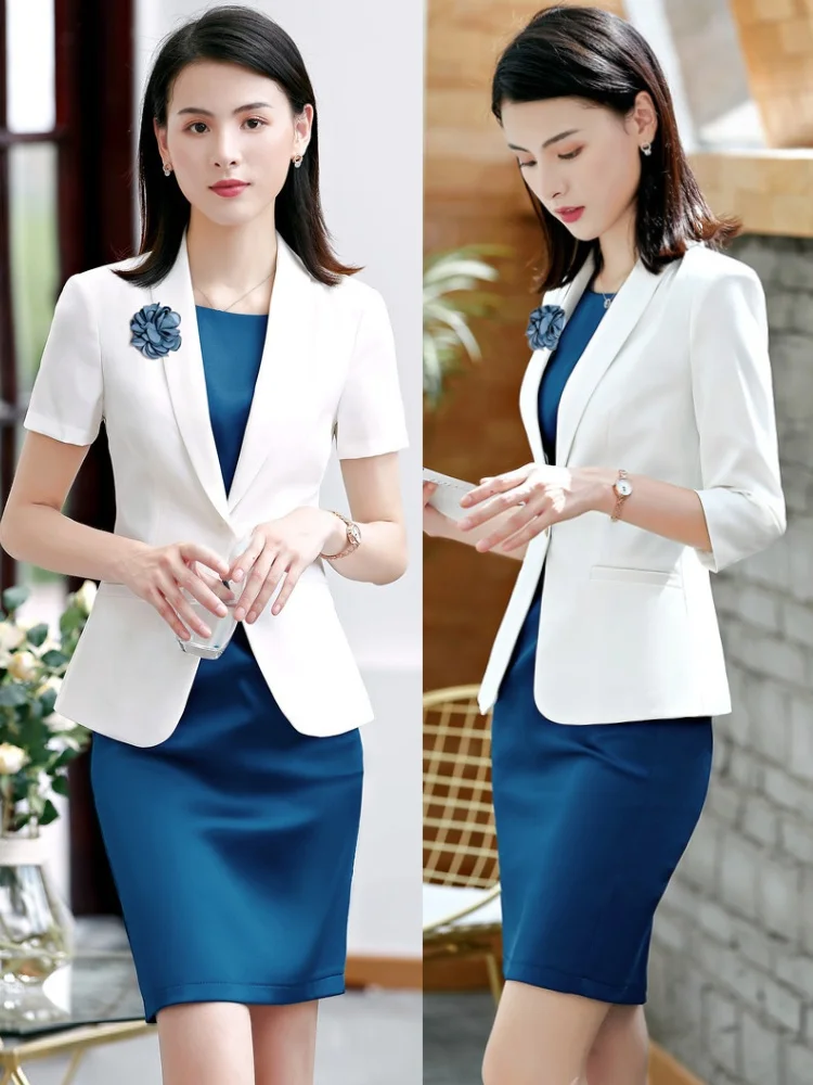 

White Suit Jacket Women's Powerful Presence Formal Dress Set Work Uniform Professional Atmosphere Polyester Short Sleeve Slim...