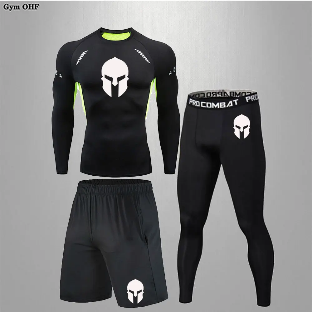 Spartan Men Sportswear Rashguard Jiu Jitsu Compression T Shirt+Leggings Gym Fitness Running Sportsuits Men Clothing Undershirt