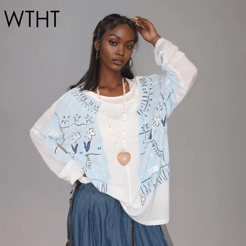 

WTHT новая модная женская футболка из двух предметов с рисунком граффити, лето 2023, модные женские топы с круглым вырезом и длинными рукавами 1LS2117