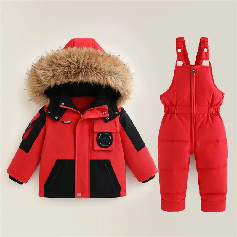 Children Winter Warm Down Coats Suits Kids Outdoor Windproof Thick Plush Hooded Coats Trousers 2Pcs Boys Girls Daily Thermal Set