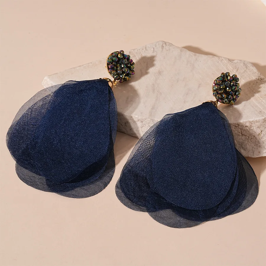 Navy Blue Mesh Flower Petal Dangle Earrings for Women Glass Crystal Beads Long Earrings Vacation Style Ear Jewelry Holiday Gifts