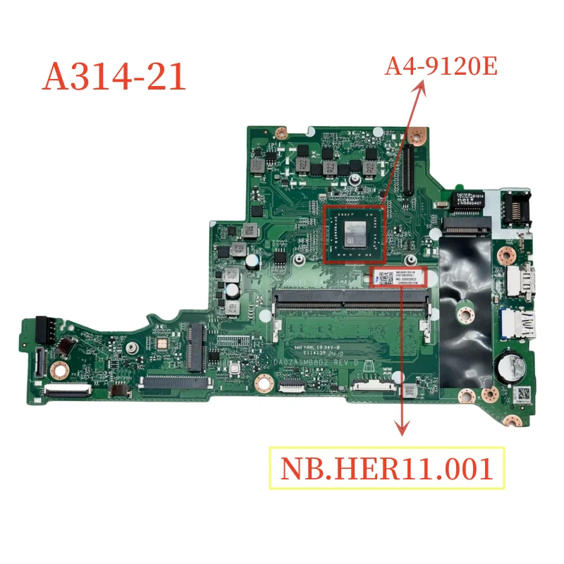 

DA0ZASMB8D2 For Acer Aspire A314-21 Laptop Motherboard NBHER11001 With A4-9120E CPU+4GB RAM Mainboard 100% Tested Fast Ship