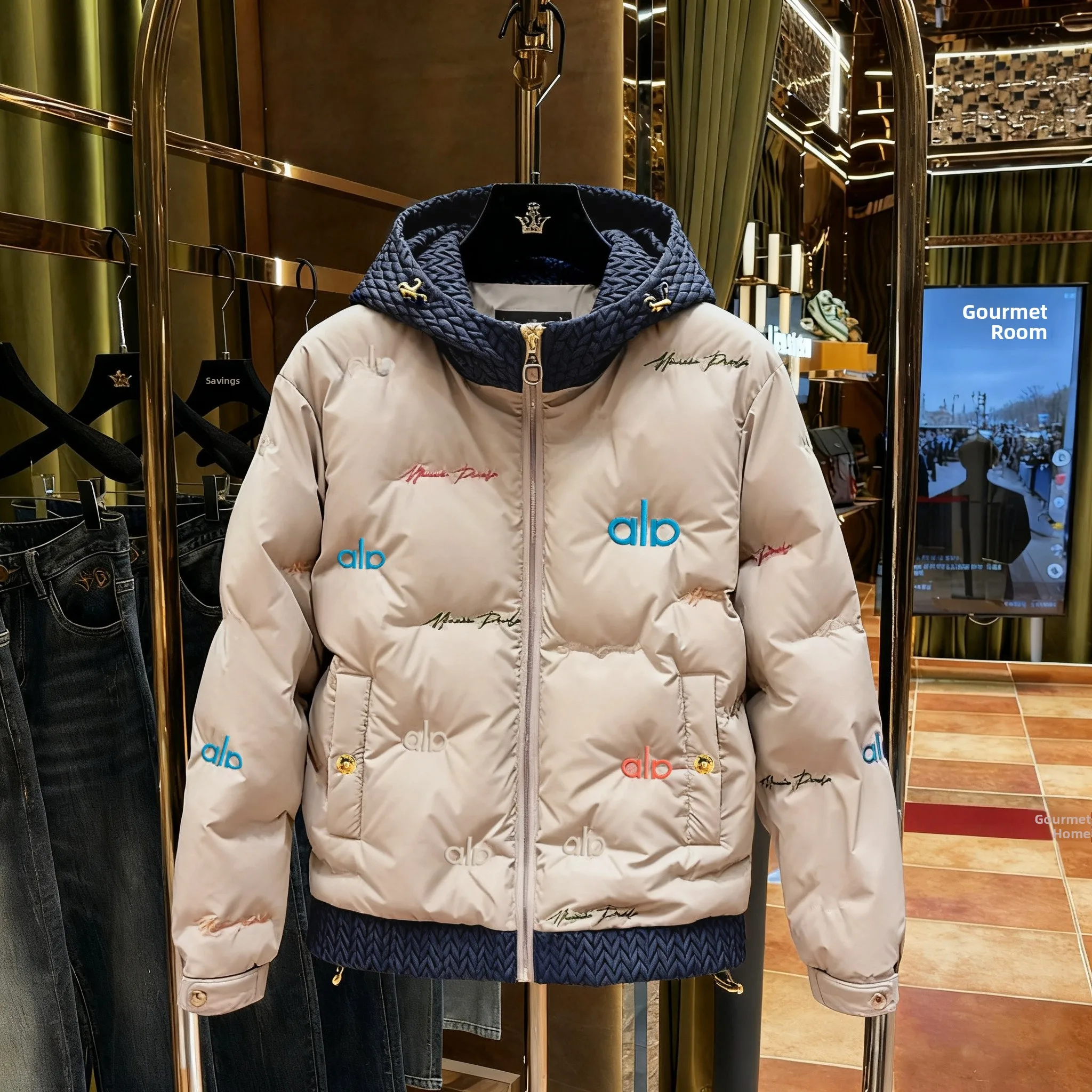 

American Sle Men's down Jaet Embroidered Letter Hooded White Du Feather Warm Casual Outerwear with ain Mosaic