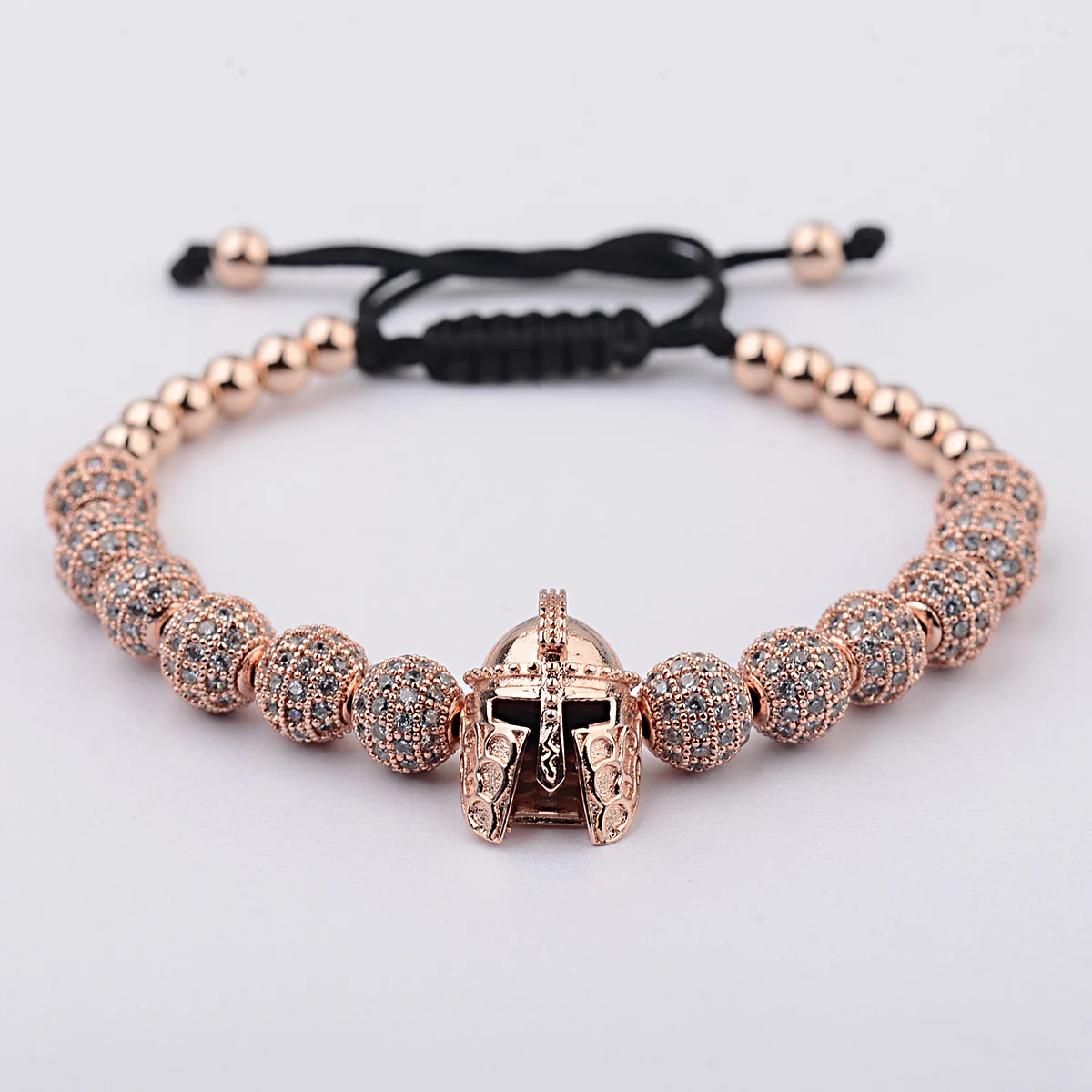 Luxury Men Spartan Warrior Helmet Bracelet Cubic Zirconia Pave Round Beads Adjustable Braided Rope Bracelets Punk Jewelry