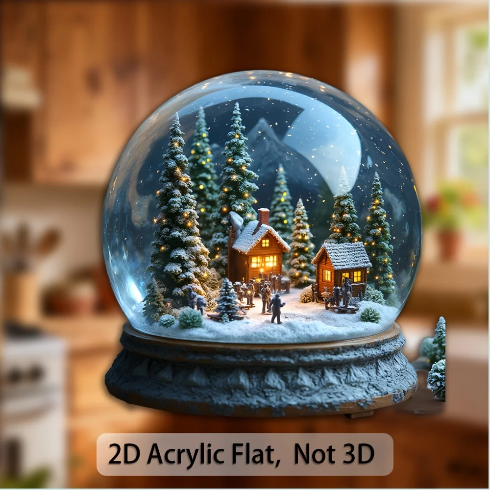 Charming Winter Fantasy Snow Globe | Cozy Cross-Stitch Christmas Village with Starry Night & Pines, Acrylic Magnet Decor