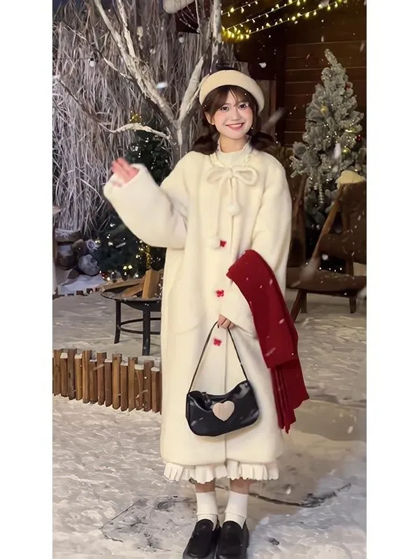 

Теплое зимнее шерстяное пальто Sweet Warm: мягкое, уютное, с бантом, круглым вырезом, на одной пуговице, женская модная верхняя одежда средней длины